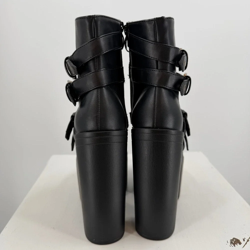 Womens Size 6 Black‎ Platform Boots Goth Punk Buckle Strap Chunky Heel